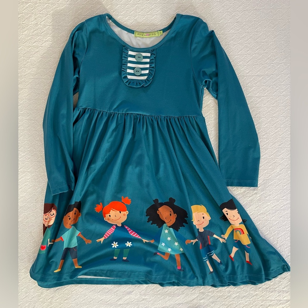 Millie Loves Lily Teal Twirl Dress with Friendship design on the Skirt